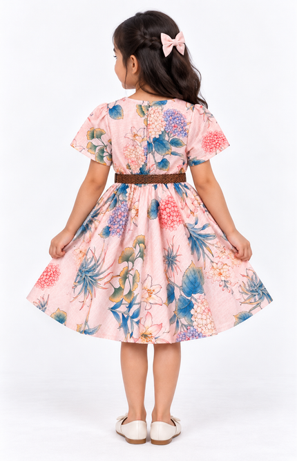 Girls’ Peach Floral Printed Fit & Flare Dress with Woven Belt