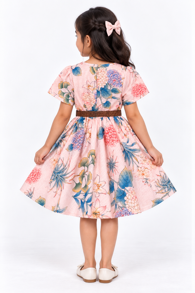 Girls’ Peach Floral Printed Fit & Flare Dress with Woven Belt