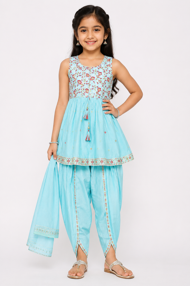Sky Blue Embroidered Kids Ethnic Co-Ord Set with Dhoti Pants & Dupatta