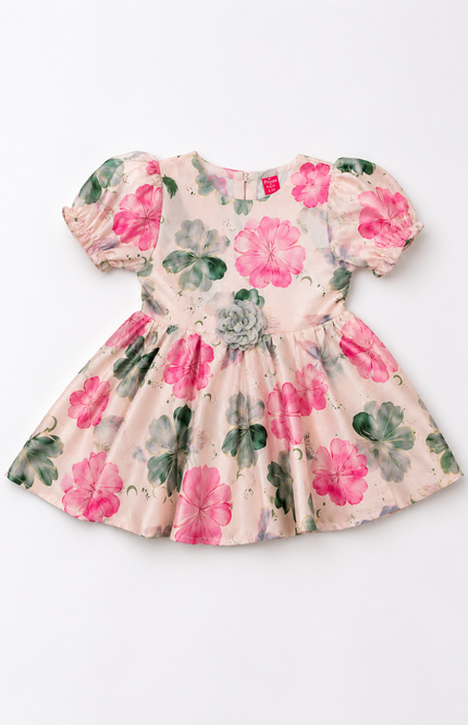Cream Blush Bloom Puff Sleeve Party Dress
