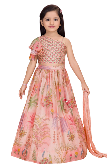 Girls' Peach Botanical Print Lehenga Choli with One-Shoulder Ruffle Top