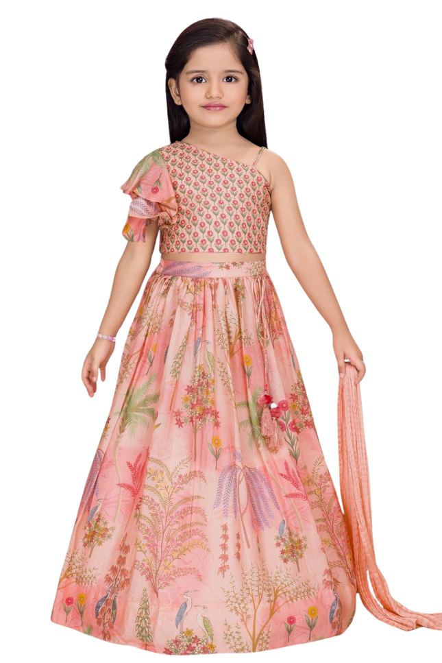Girls' Peach Botanical Print Lehenga Choli with One-Shoulder Ruffle Top