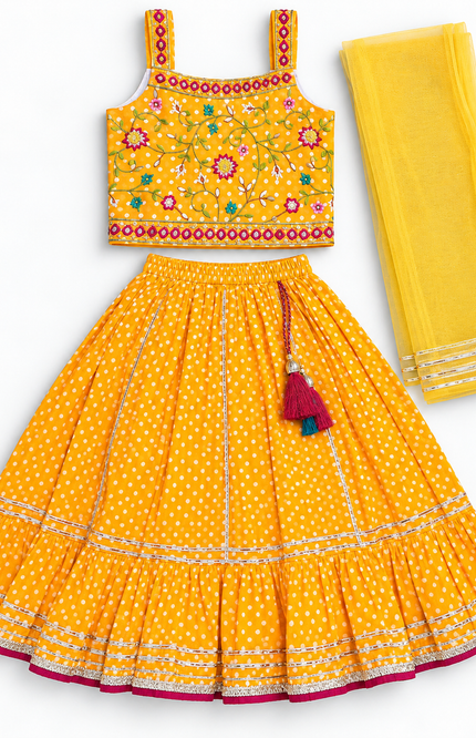 Girls Yellow Polka Dot Printed Lehenga Choli Set with Dupatta
