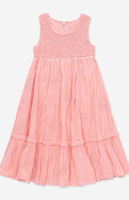 Girls’ Peach Tiered Dress with Waist Tie