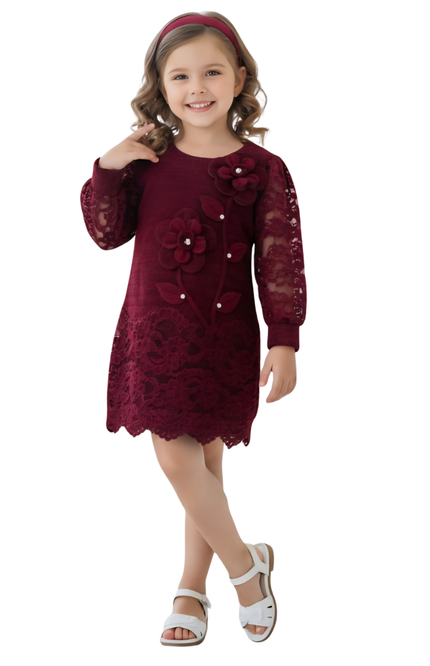 Kids' Deep Burgundy Festive Lace Dress – Elegant Floral Embellished Sheath Dress with Sheer Sleeves
