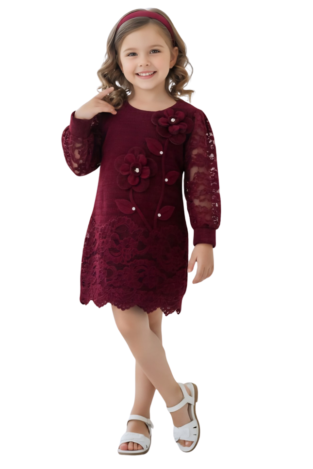 Kids' Deep Burgundy Festive Lace Dress – Elegant Floral Embellished Sheath Dress with Sheer Sleeves