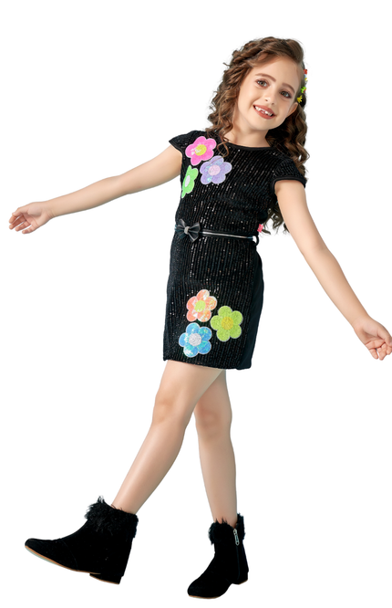 Nina Richi girls black sequin party dress

Premium girls occasion wear dress

Floral appliqué kids party dress

Elegant black sequin dress for girls