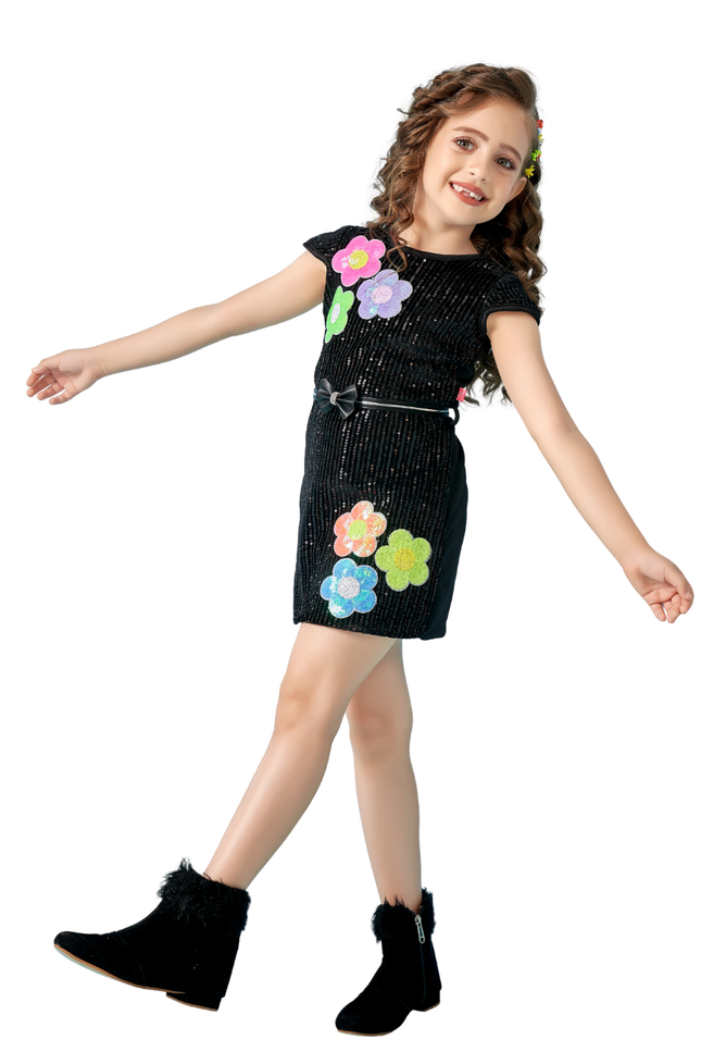 Nina Richi girls black sequin party dress

Premium girls occasion wear dress

Floral appliqué kids party dress

Elegant black sequin dress for girls