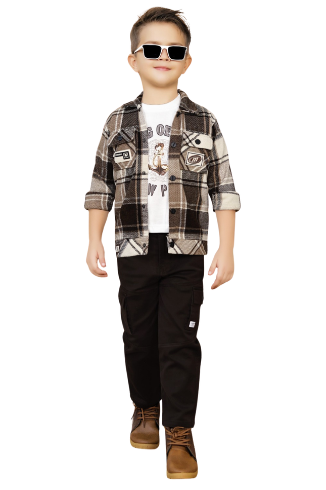 Boys' 3-Piece Plaid Shacket Set | Flannel Shirt, Graphic T-Shirt & Cargo Pants