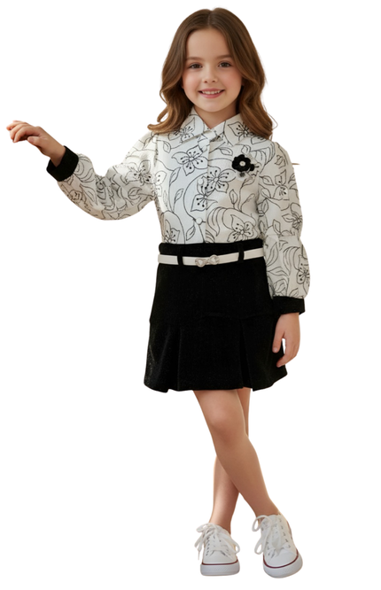 Kids Chic Monochrome Floral Top & Black Tiered Skirt Outfit