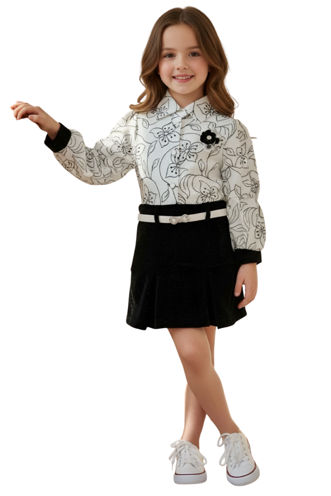 Kids Chic Monochrome Floral Top & Black Tiered Skirt Outfit