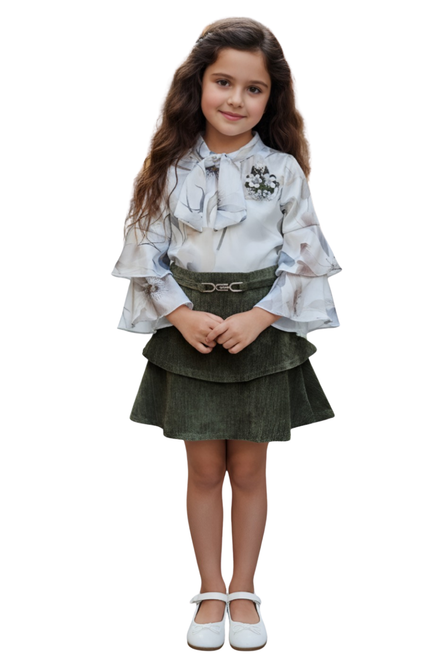 Girls' Floral Satin Blouse and Tiered Corduroy Skirt 2-Piece Set