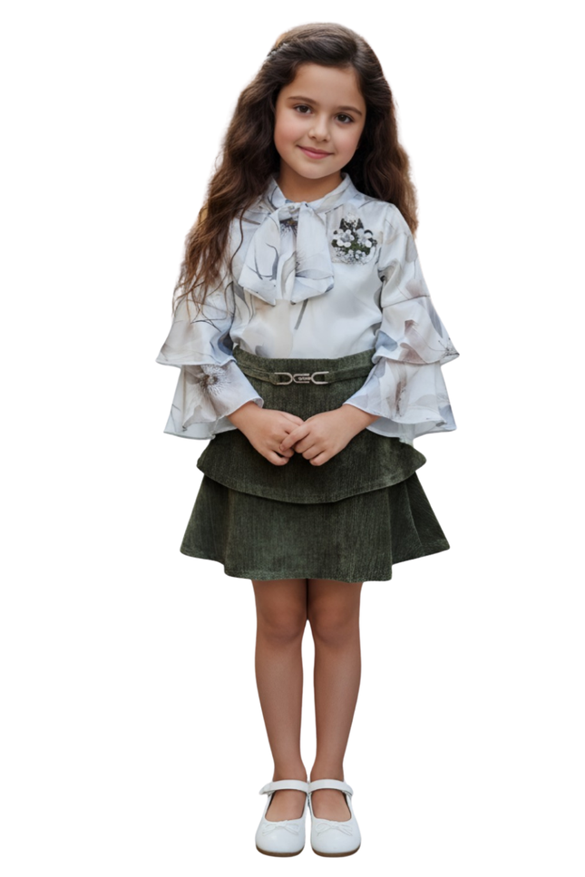 Girls' Floral Satin Blouse and Tiered Corduroy Skirt 2-Piece Set