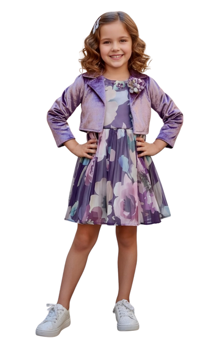 Girls' Purple Floral Pleated Party Dress with Matching Velvet Cropped Jacket