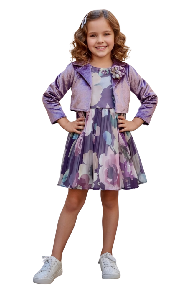 Girls' Purple Floral Pleated Party Dress with Matching Velvet Cropped Jacket