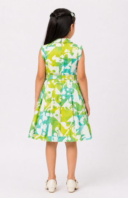 Geometric Print Sleeveless Shirt Dress with Belt