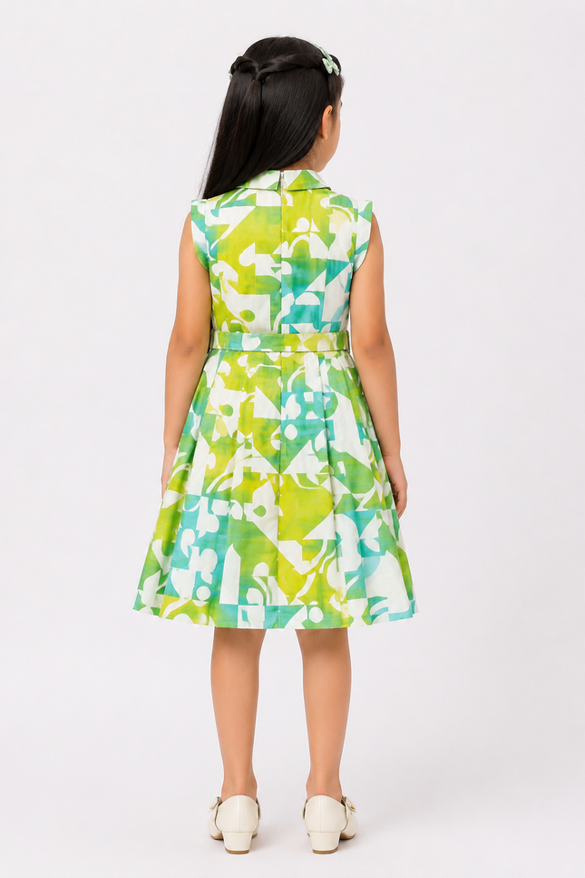 Geometric Print Sleeveless Shirt Dress with Belt