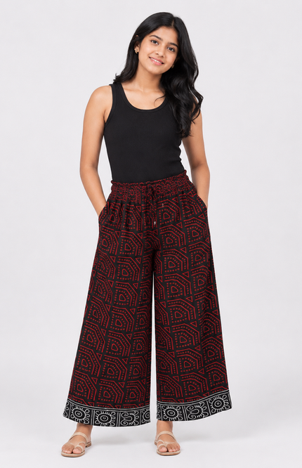 Girls Ethnic Print Wide-Leg Palazzo Pants