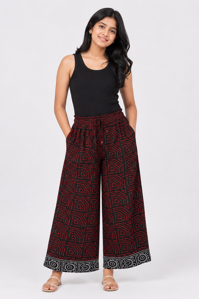 Girls Ethnic Print Wide-Leg Palazzo Pants