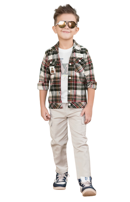 Boys' Plaid Button-Down Shirt and Beige Cargo Pant Set