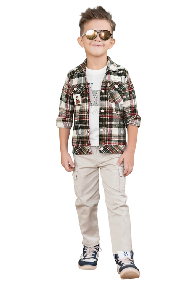 Boys' Plaid Button-Down Shirt and Beige Cargo Pant Set
