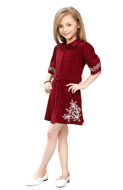 Girls' Maroon Corduroy A-Line Shirt Dress with Floral Embroidery
