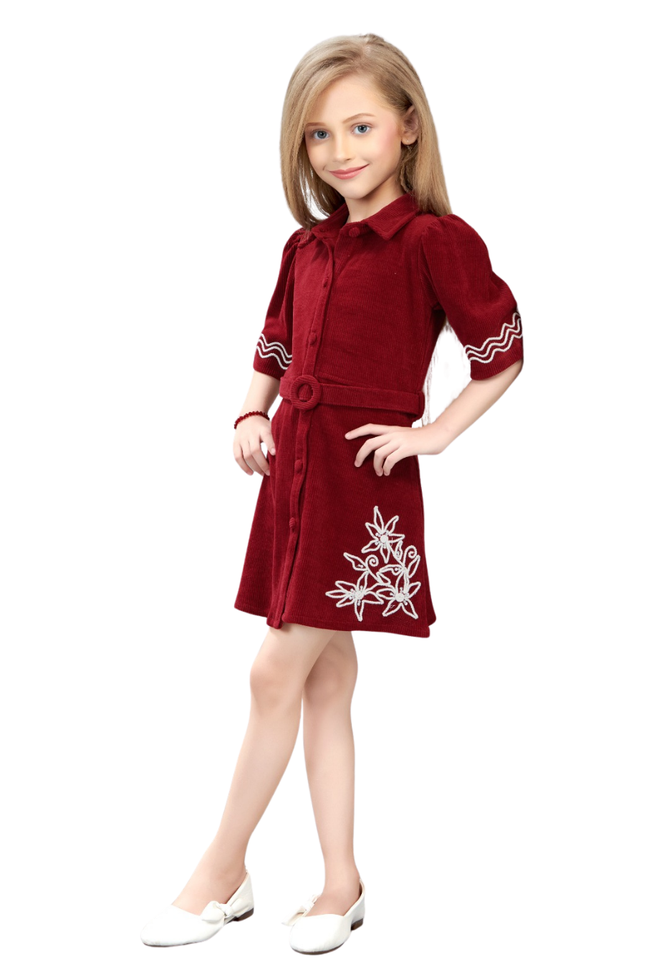 Girls' Maroon Corduroy A-Line Shirt Dress with Floral Embroidery