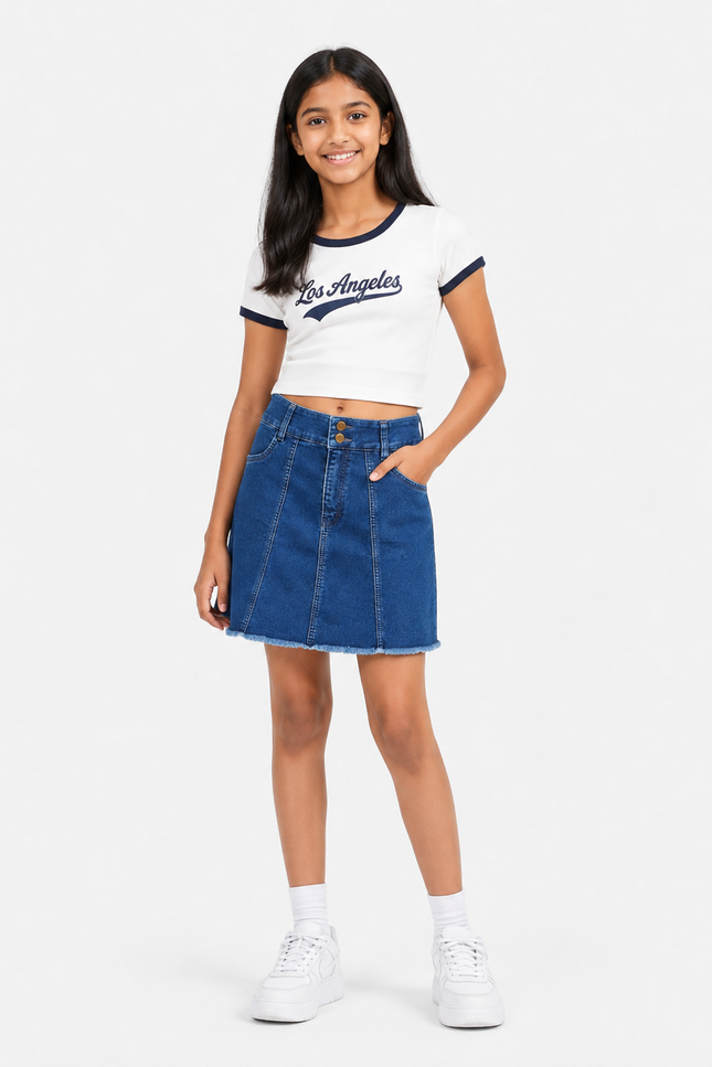 Blue Denim Panelled Mini Skirt