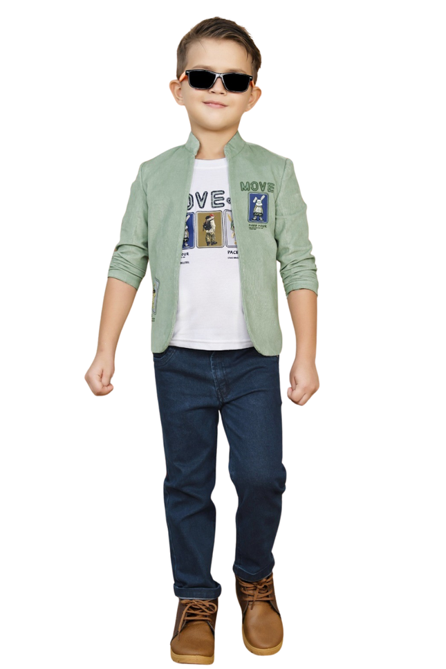 Kids' 3-Piece Casual Utility Set – Sage Textured Jacket, Graphic Tee, and Slim Fit Jeans