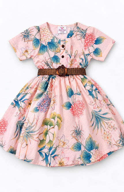 Girls’ Peach Floral Printed Fit & Flare Dress with Woven Belt