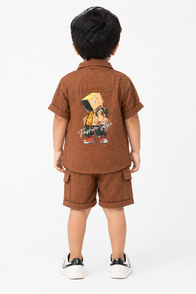 Boys Brown Graphic Shirt & Cargo Shorts Set