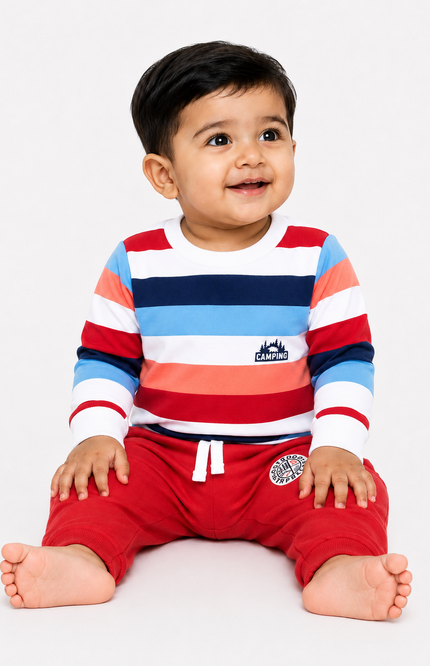 Multicolor Striped Sweatshirt & Red Jogger Co-Ord Set