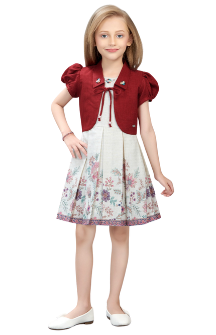 Girls' Floral Pleated Dress with Maroon Bolero Shrug