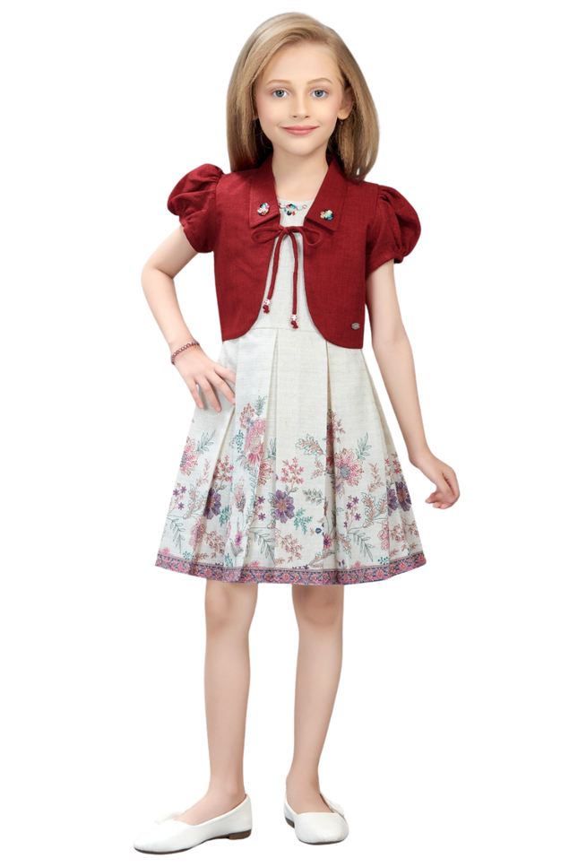 Girls' Floral Pleated Dress with Maroon Bolero Shrug