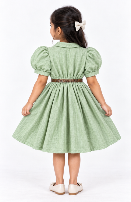 Girls’ Green Embroidered Shirt Dress with Braided Belt