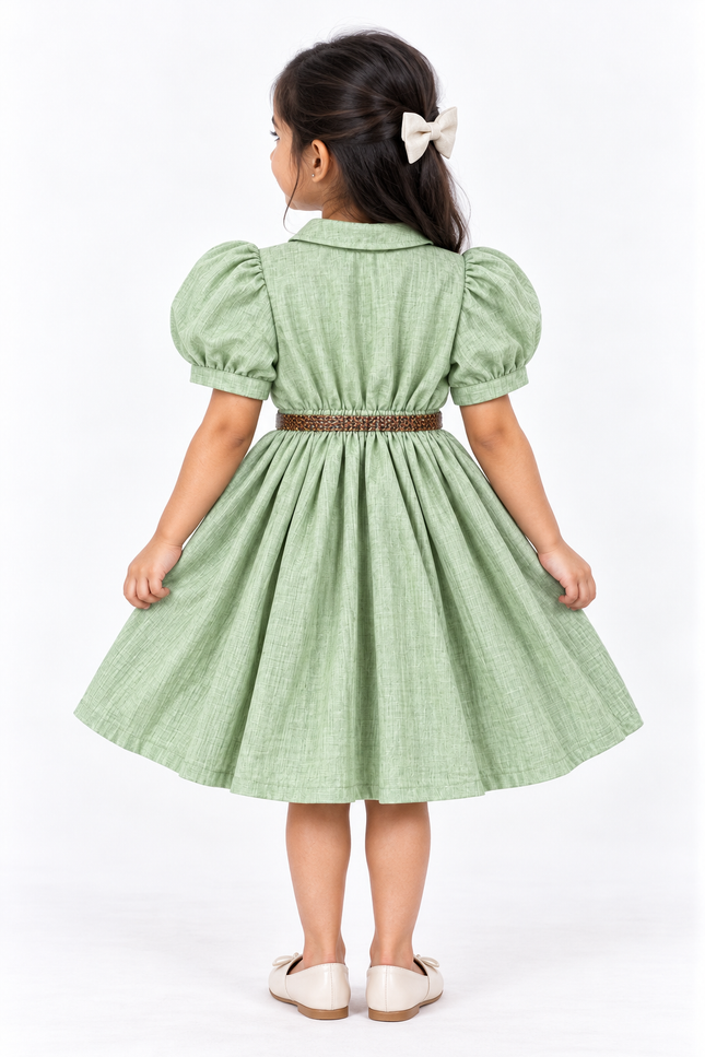 Girls’ Green Embroidered Shirt Dress with Braided Belt