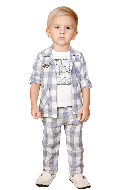 Kids' 3-Piece Casual Plaid Co-ord Set – Light Blue Gingham Jacket with Graphic Tee