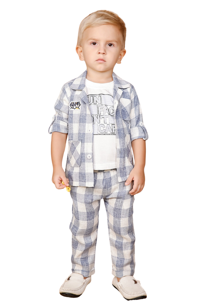 Kids' 3-Piece Casual Plaid Co-ord Set – Light Blue Gingham Jacket with Graphic Tee