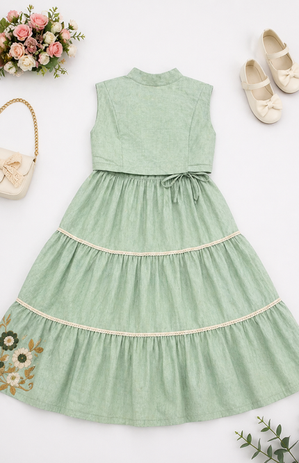 Mint Green Embroidered Tiered Kids Dress with Jacket
