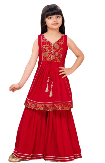 Girls' Crimson Red Embroidered Peplum Kurti & Sharara Set