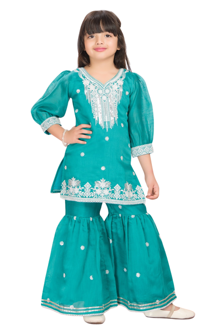 Girls' Teal Green Embroidered Kurti and Sharara Set with Puff Sleeves