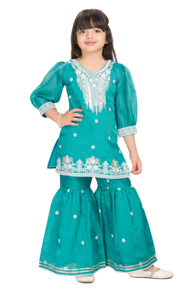 Girls' Teal Green Embroidered Kurti and Sharara Set with Puff Sleeves