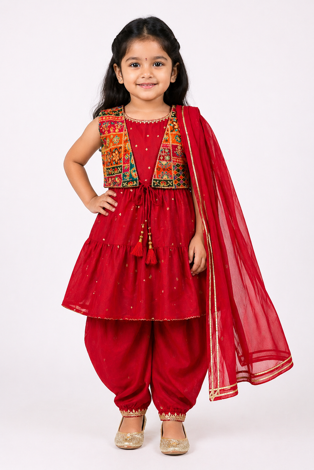 Girls Festive Kurti Dhoti Set with Dupatta