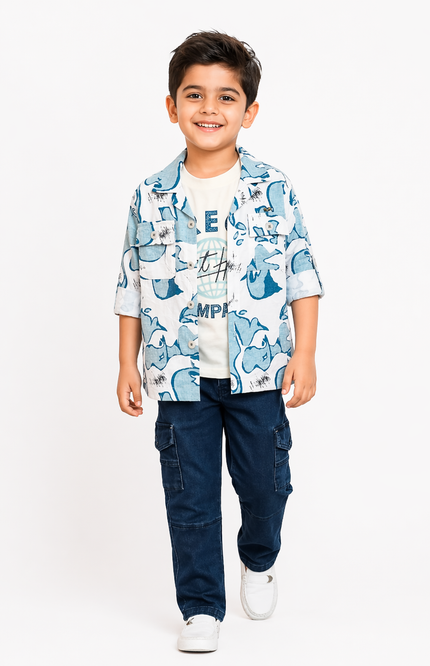 Boys' 3-Piece Tropical Print Button-Down Shirt, Graphic Tee, and Dark Wash Cargo Jeans Set