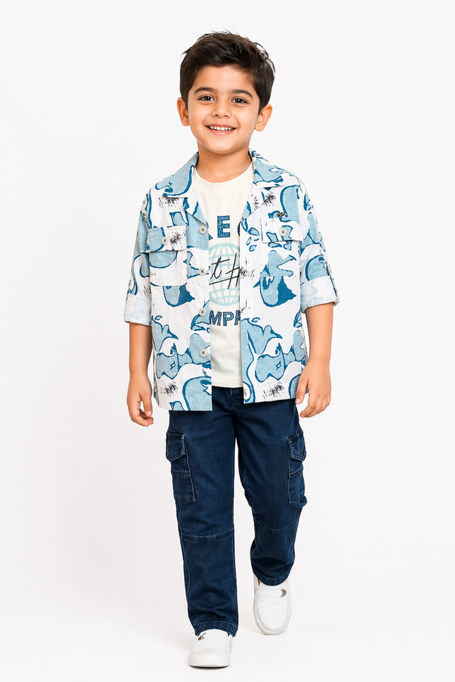 Boys' 3-Piece Tropical Print Button-Down Shirt, Graphic Tee, and Dark Wash Cargo Jeans Set