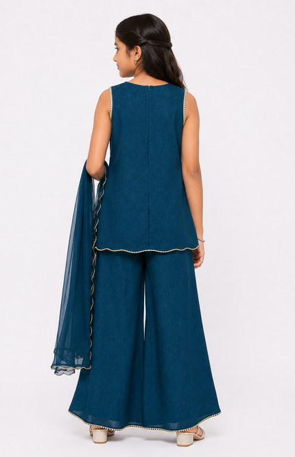 Teal Embroidered Kids Co-Ord Set with Dupatta