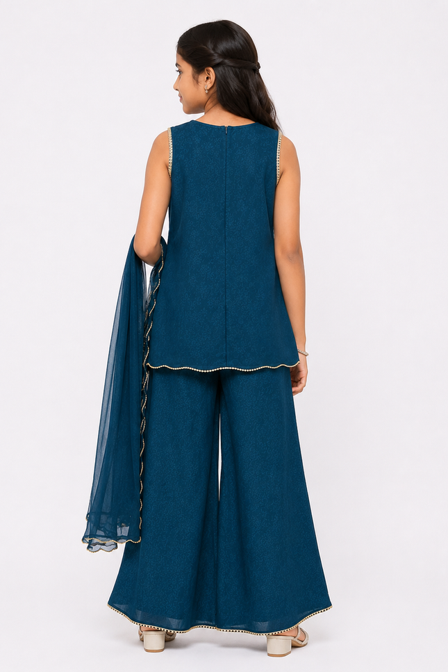 Teal Embroidered Kids Co-Ord Set with Dupatta
