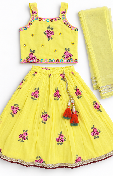 Girls Yellow Floral Lehenga Choli Set with Dupatta