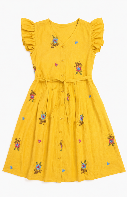 Girls’ Mustard Yellow Floral Embroidered Belted Dress