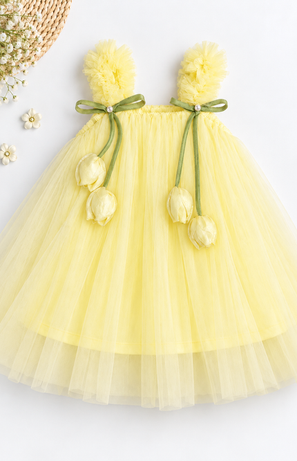 Girls Peach Tulle Party Frock with Floral Bow & Tulip